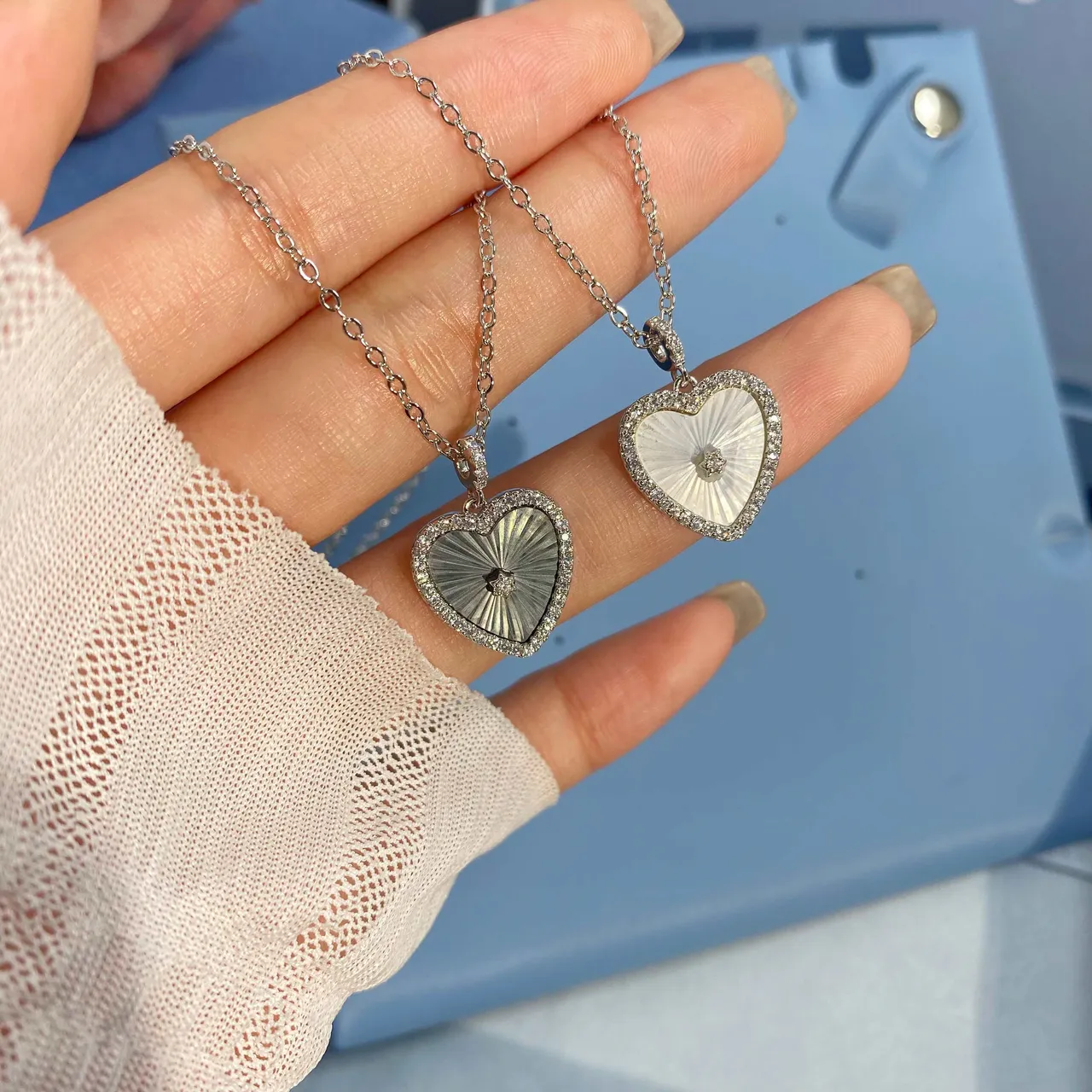 HEFANG Silver White Heart-Shaped Pendant Enamel Center Necklace 7
