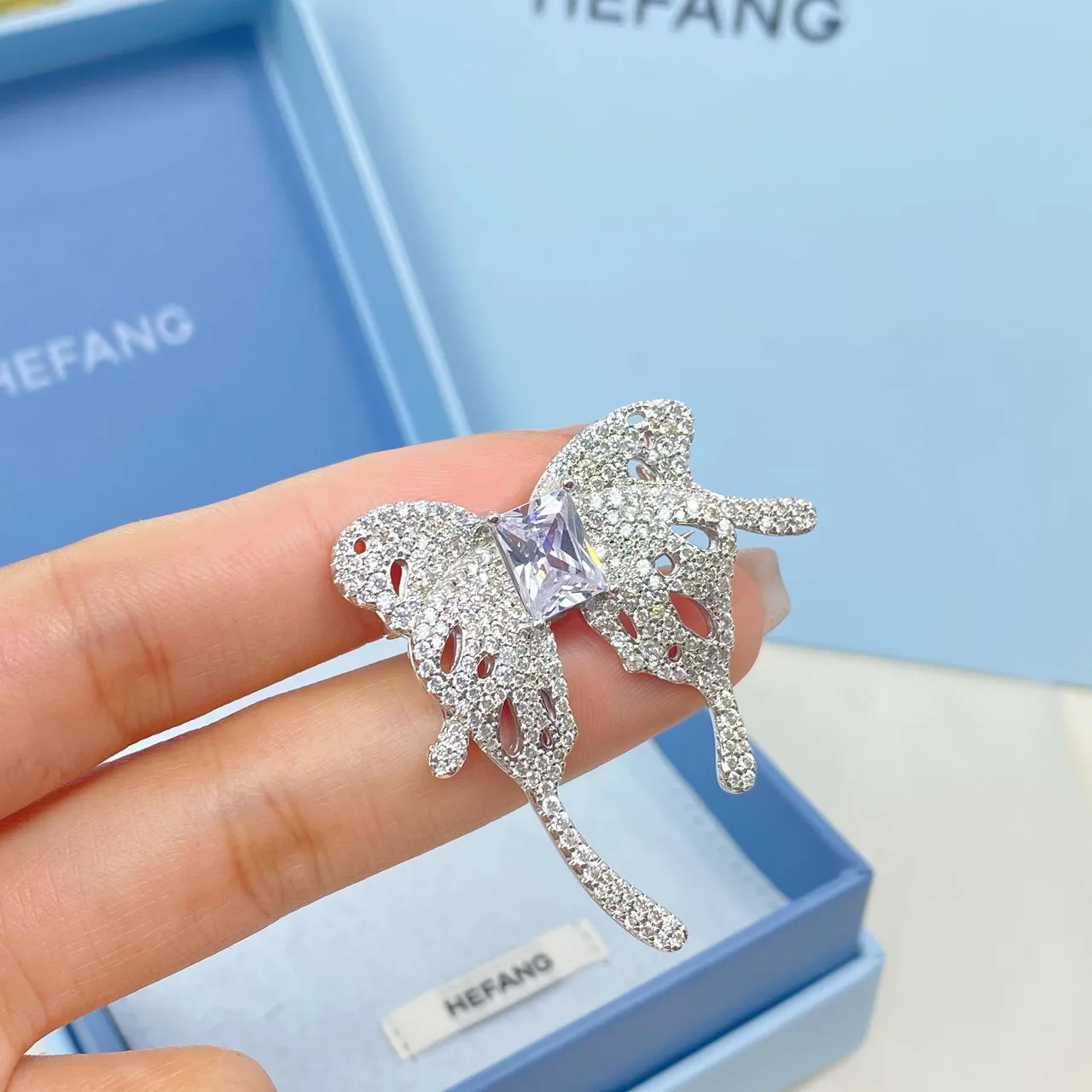 HEFANG Silver White Pavé-Set Crystal Openwork Butterfly Silhouette Brooch 2