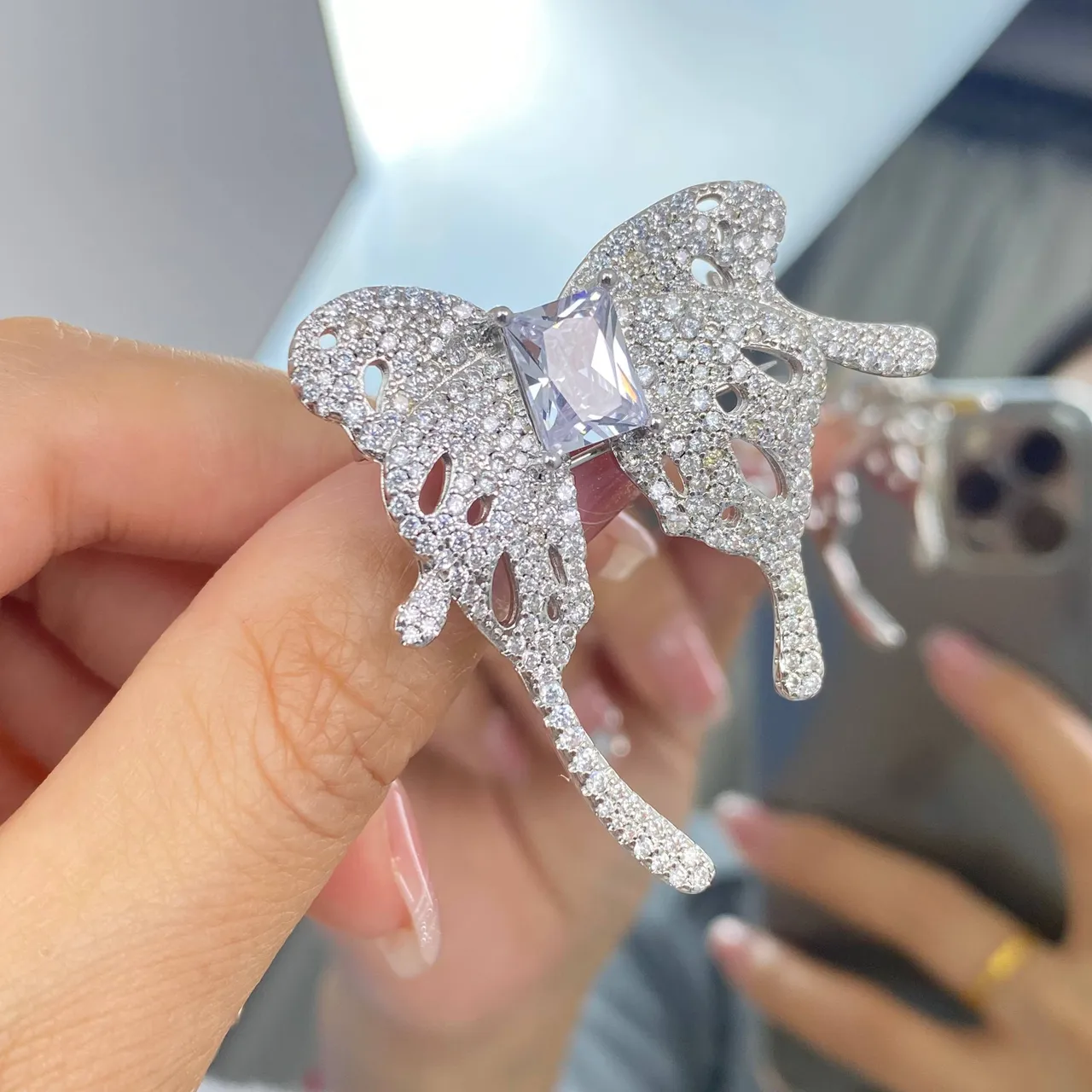 HEFANG Silver White Pavé-Set Crystal Openwork Butterfly Silhouette Brooch 3