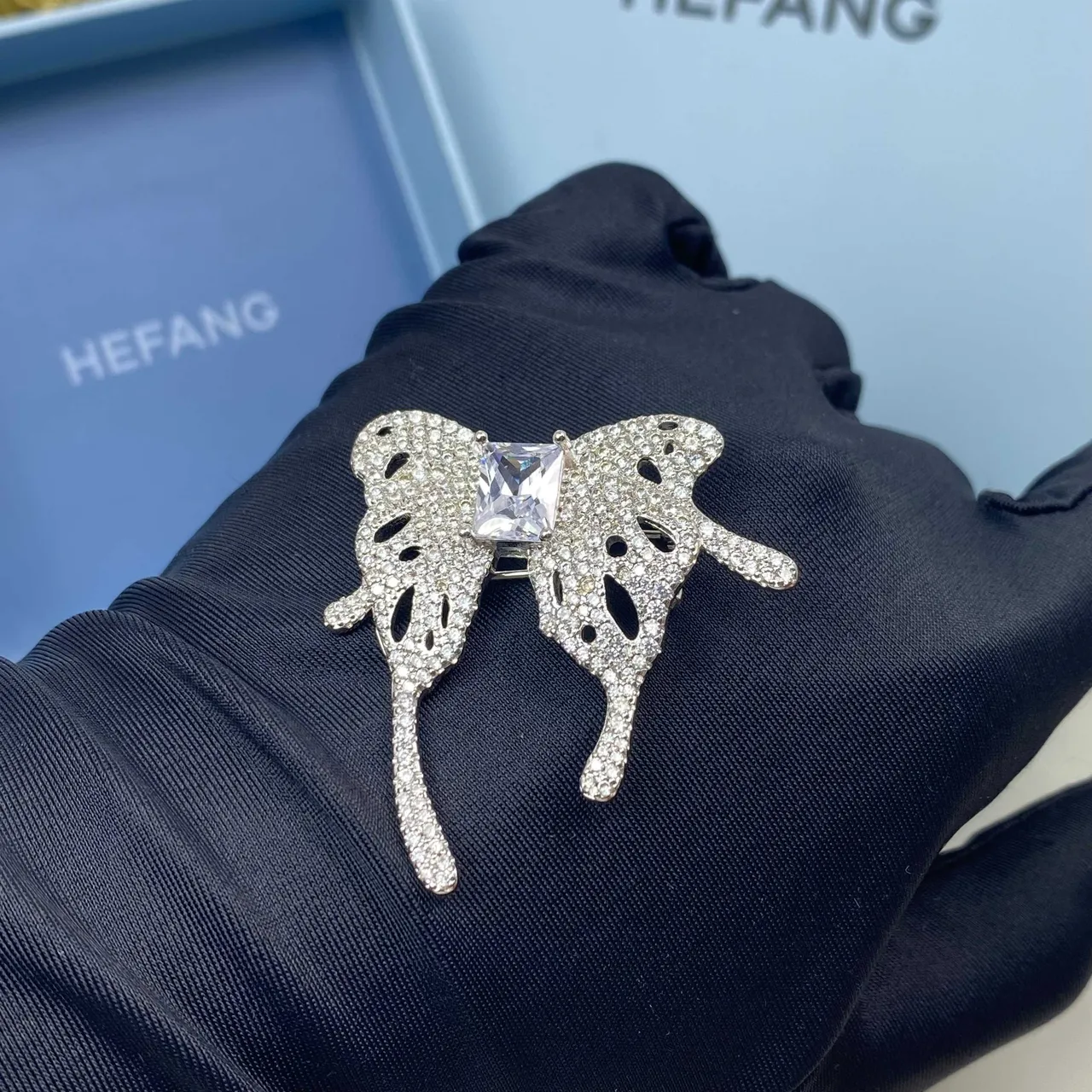 HEFANG Silver White Pavé-Set Crystal Openwork Butterfly Silhouette Brooch 4