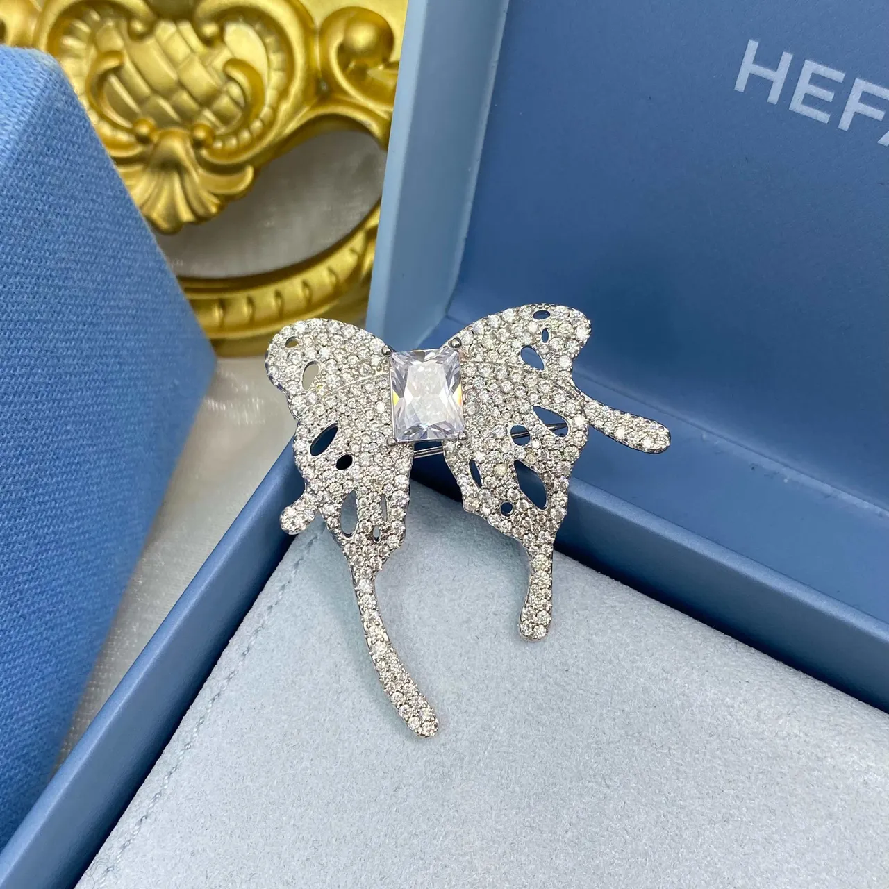 HEFANG Silver White Pavé-Set Crystal Openwork Butterfly Silhouette Brooch 6
