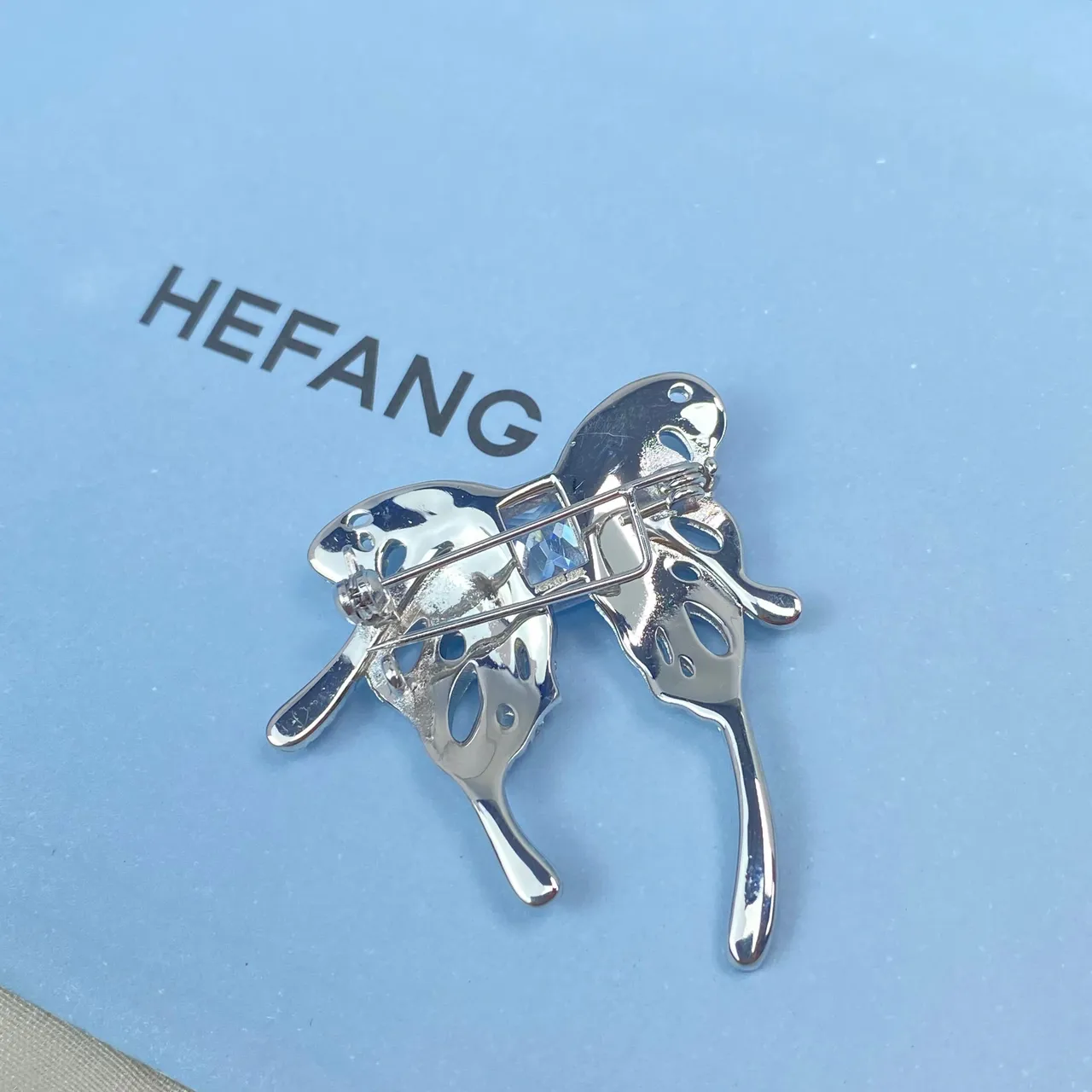 HEFANG Silver White Pavé-Set Crystal Openwork Butterfly Silhouette Brooch 8