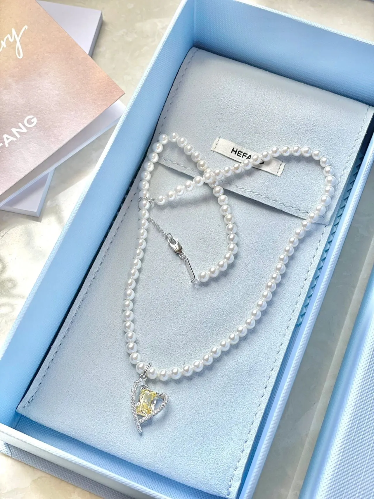 HEFANG White Gold Pearl Strand Heart-Shaped Pendant Necklace 4