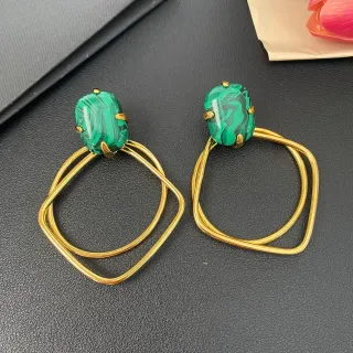 Malachite Cabochon Gold-Tone Double Loop Hoop Earrings