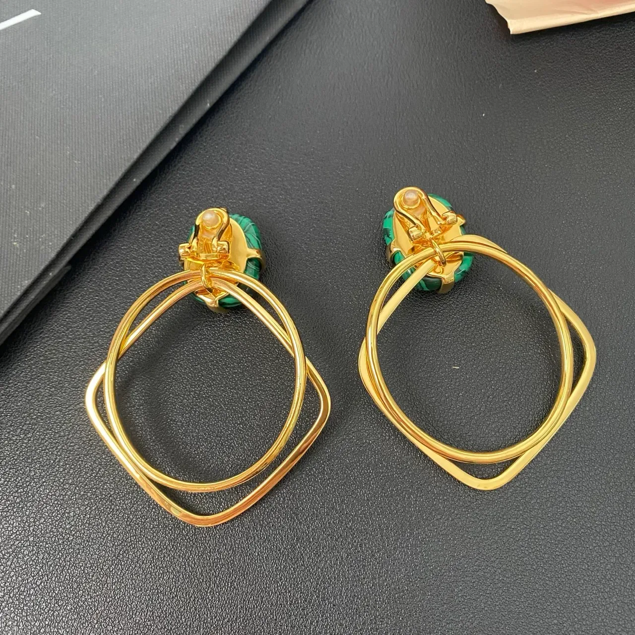 Malachite Cabochon Gold-Tone Double Loop Hoop Earrings 4