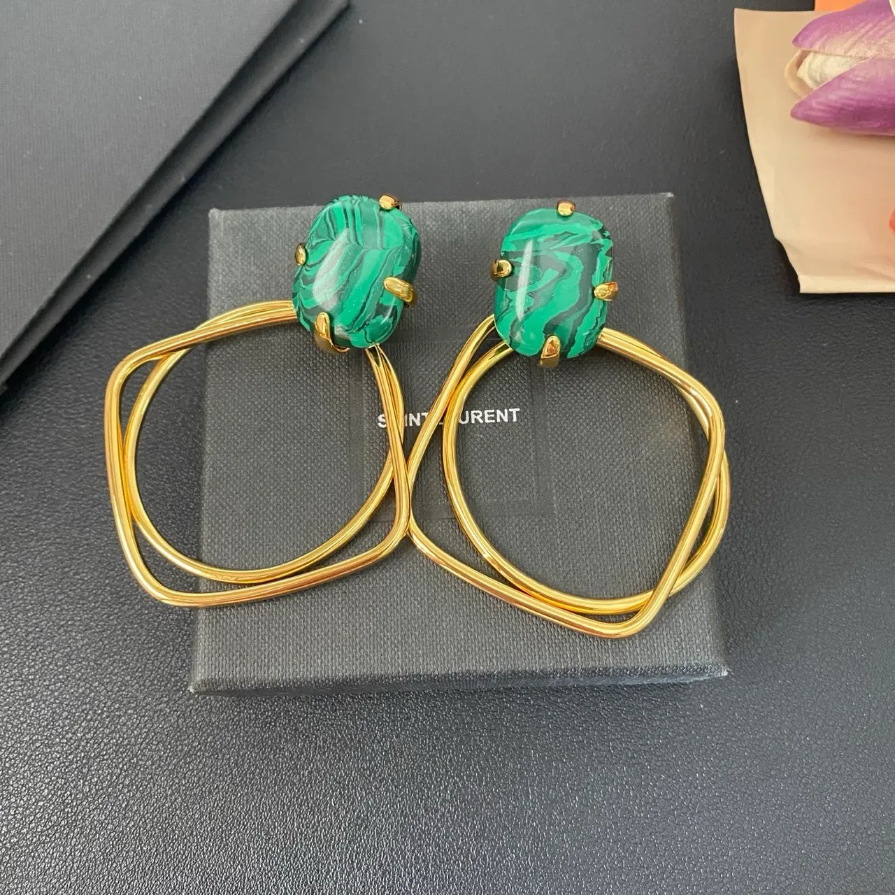 Malachite Cabochon Gold-Tone Double Loop Hoop Earrings 6