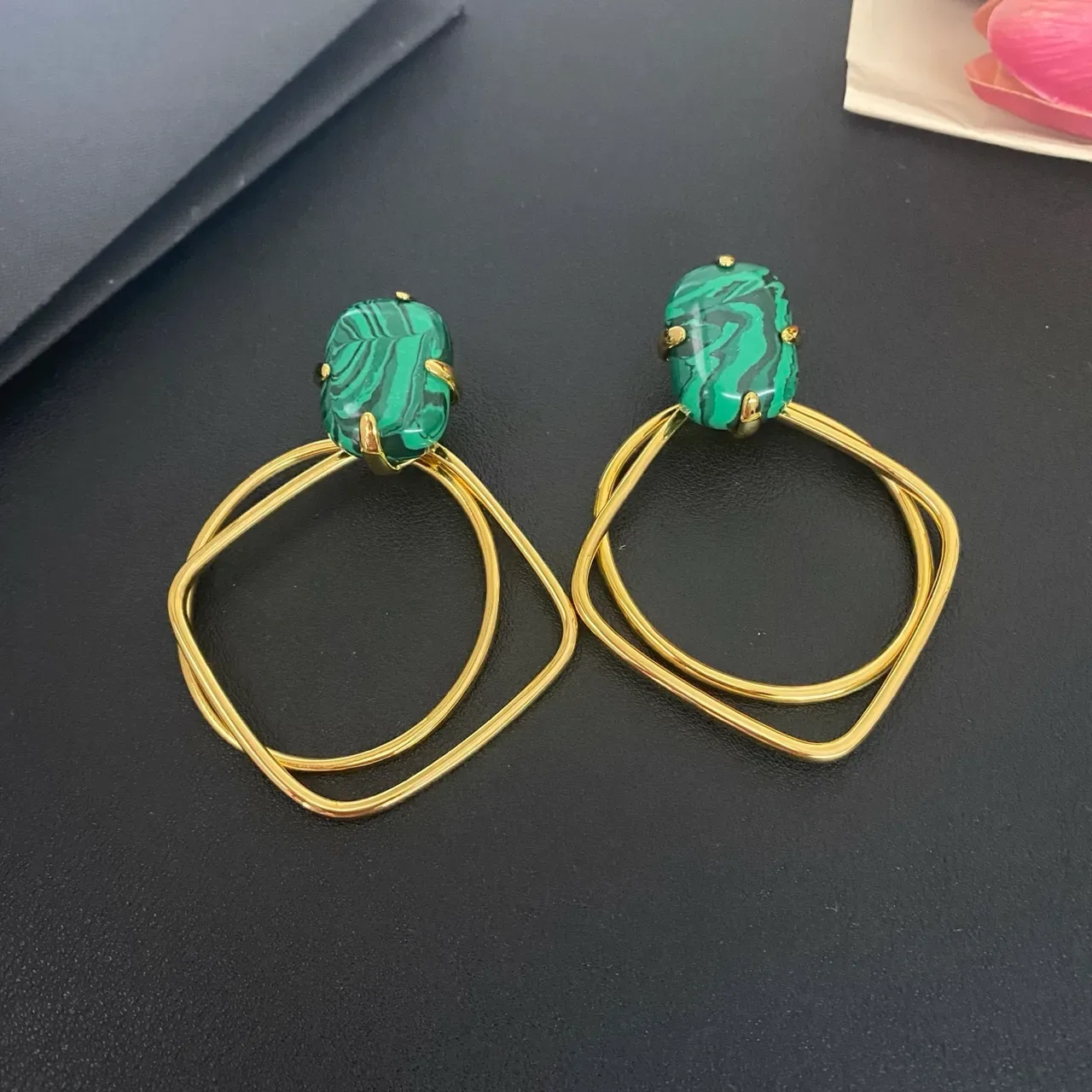 Malachite Cabochon Gold-Tone Double Loop Hoop Earrings 7