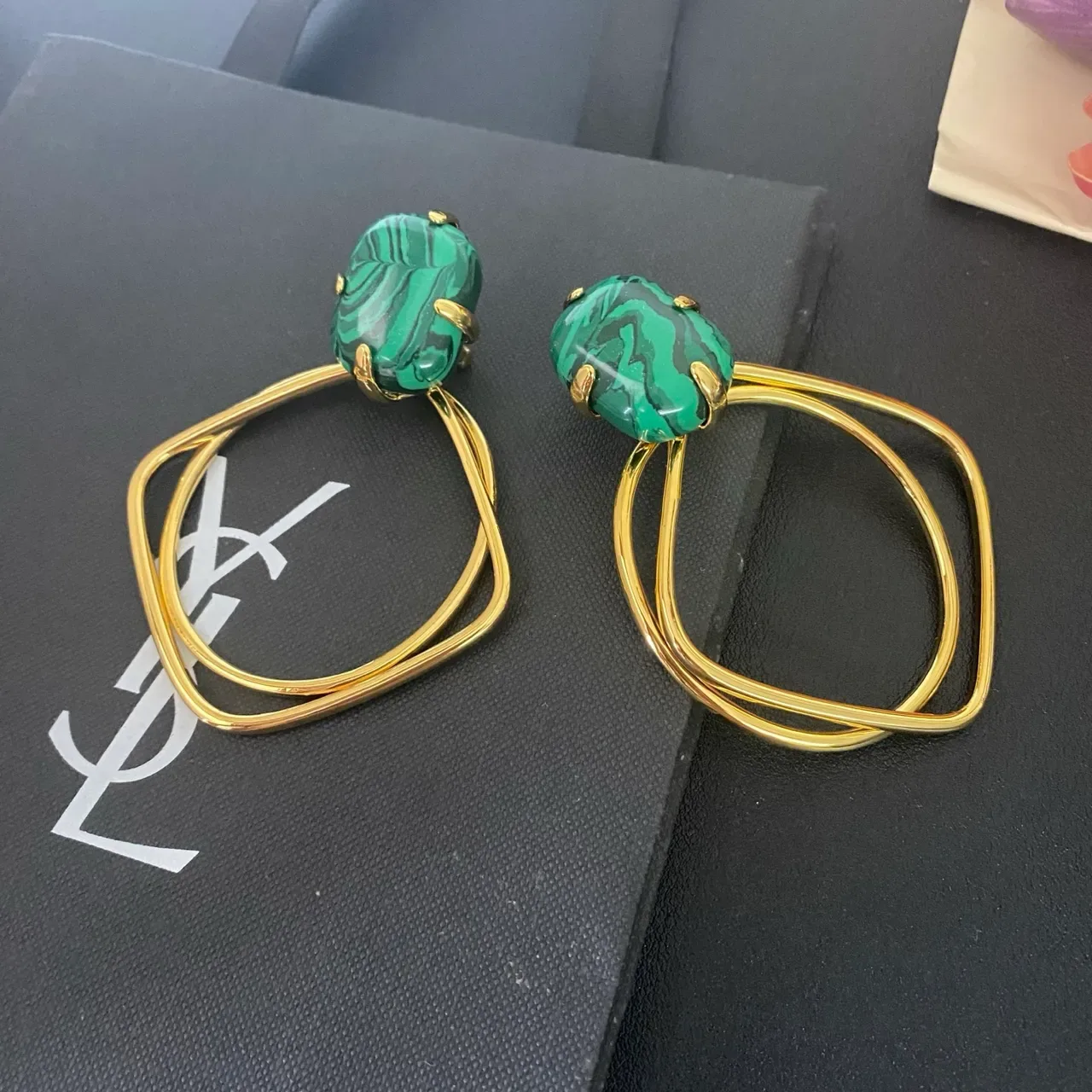 Malachite Cabochon Gold-Tone Double Loop Hoop Earrings 8
