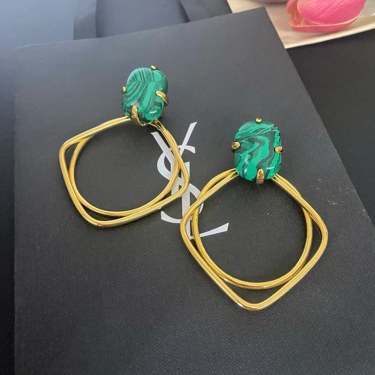 Malachite Cabochon Gold-Tone Double Loop Hoop Earrings 9