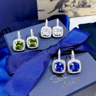Monaco Blue Green Cushion-Cut Central Stone Pave Halo Setting Earrings