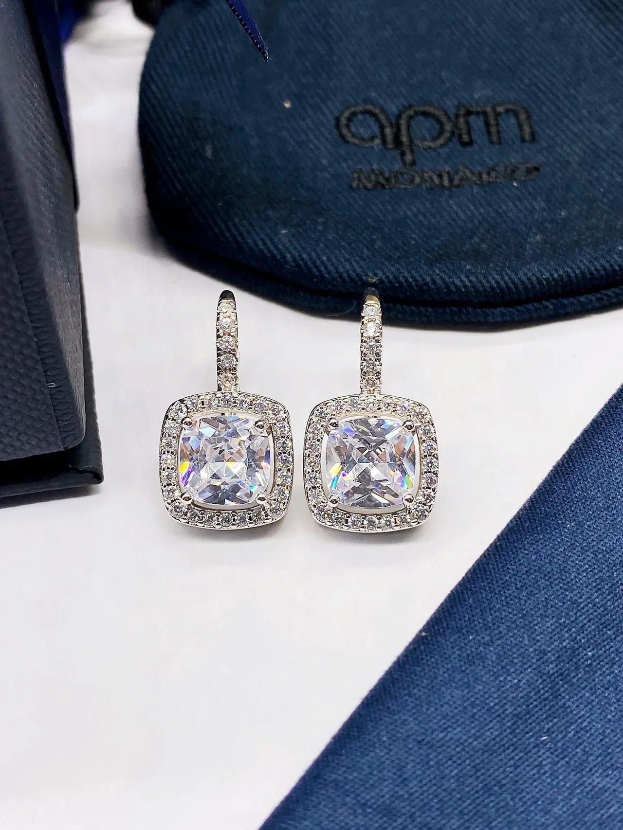Monaco Blue Green Cushion-Cut Central Stone Pave Halo Setting Earrings 3