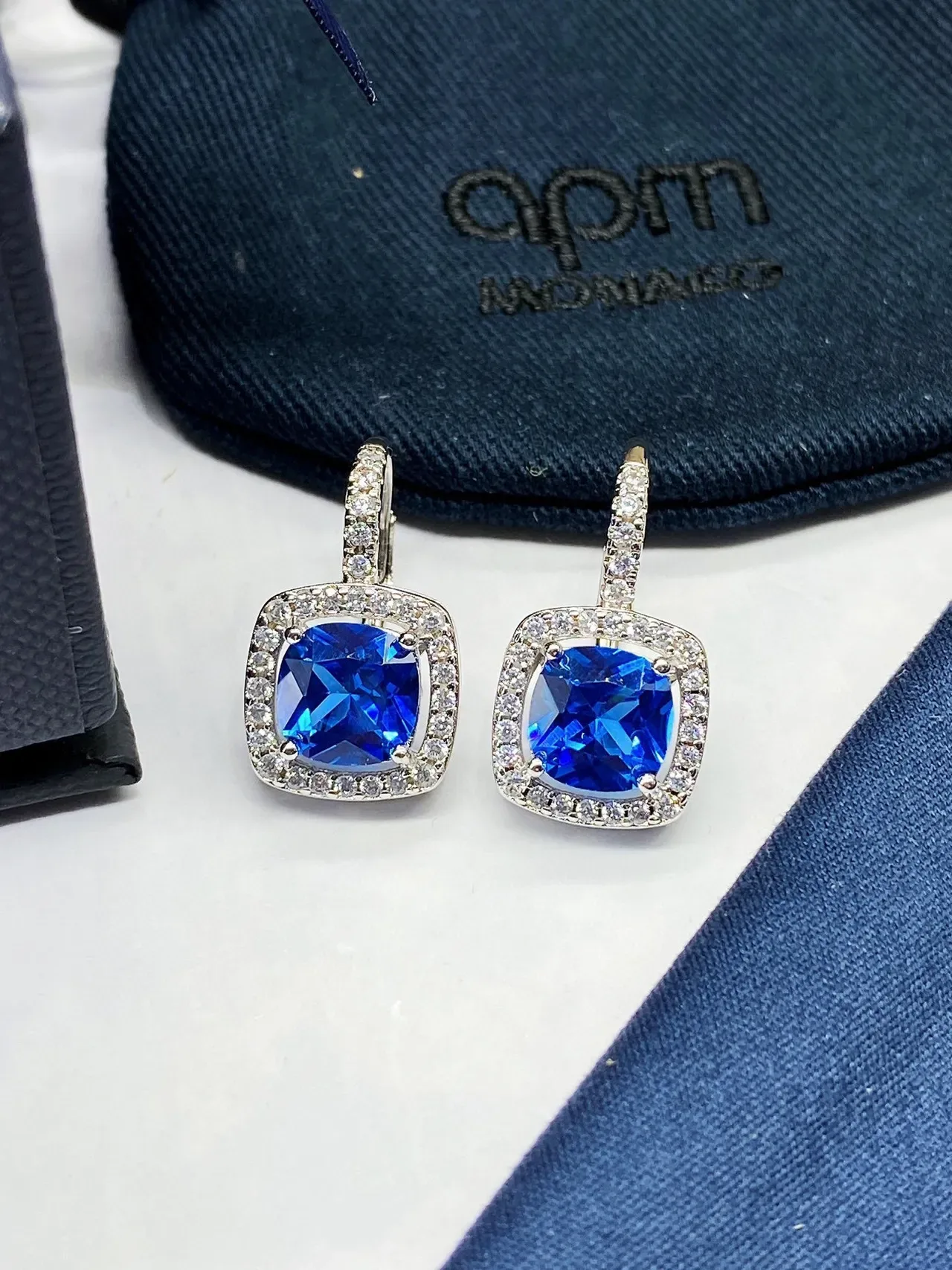 Monaco Blue Green Cushion-Cut Central Stone Pave Halo Setting Earrings 4