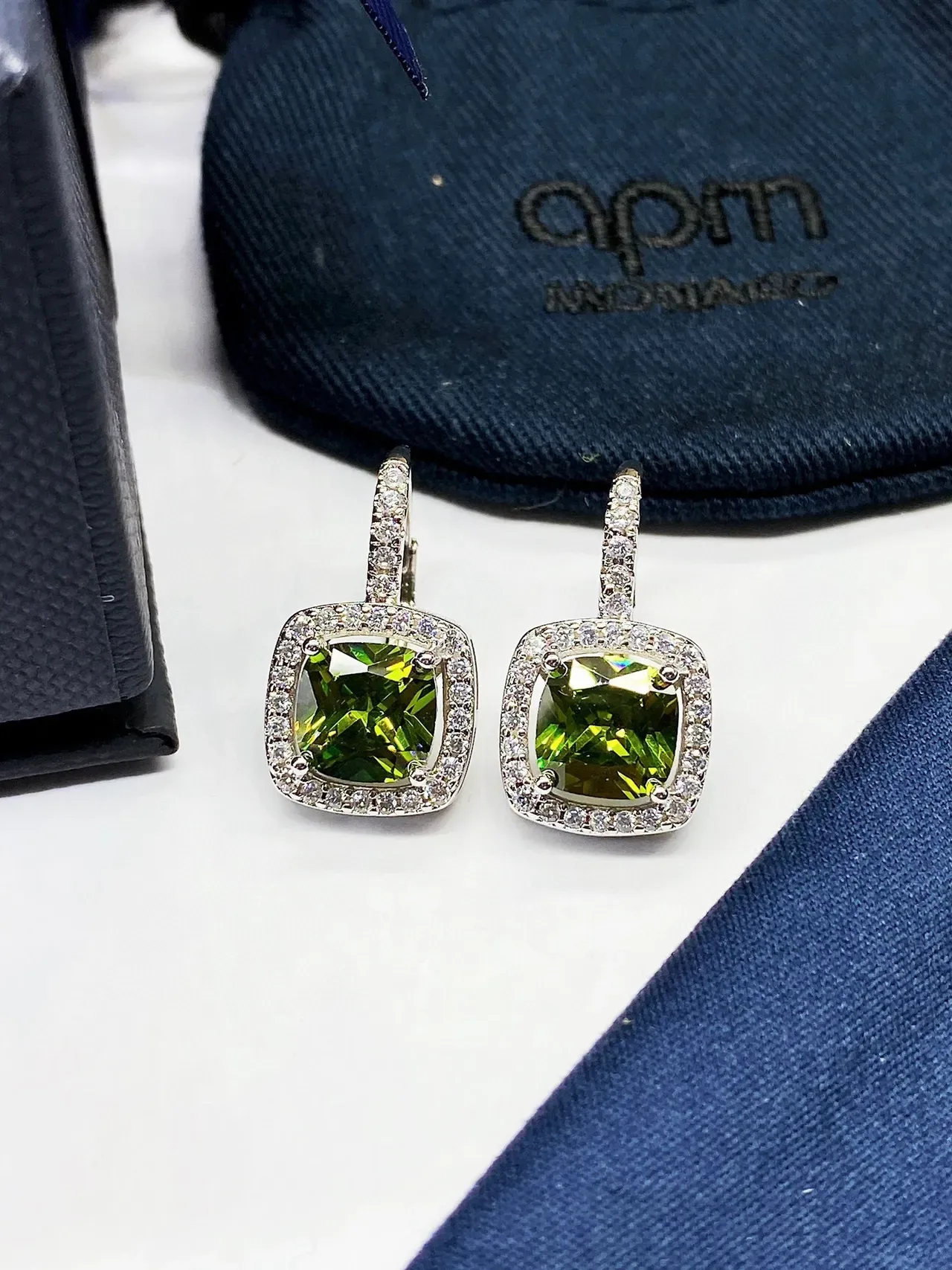Monaco Blue Green Cushion-Cut Central Stone Pave Halo Setting Earrings 5