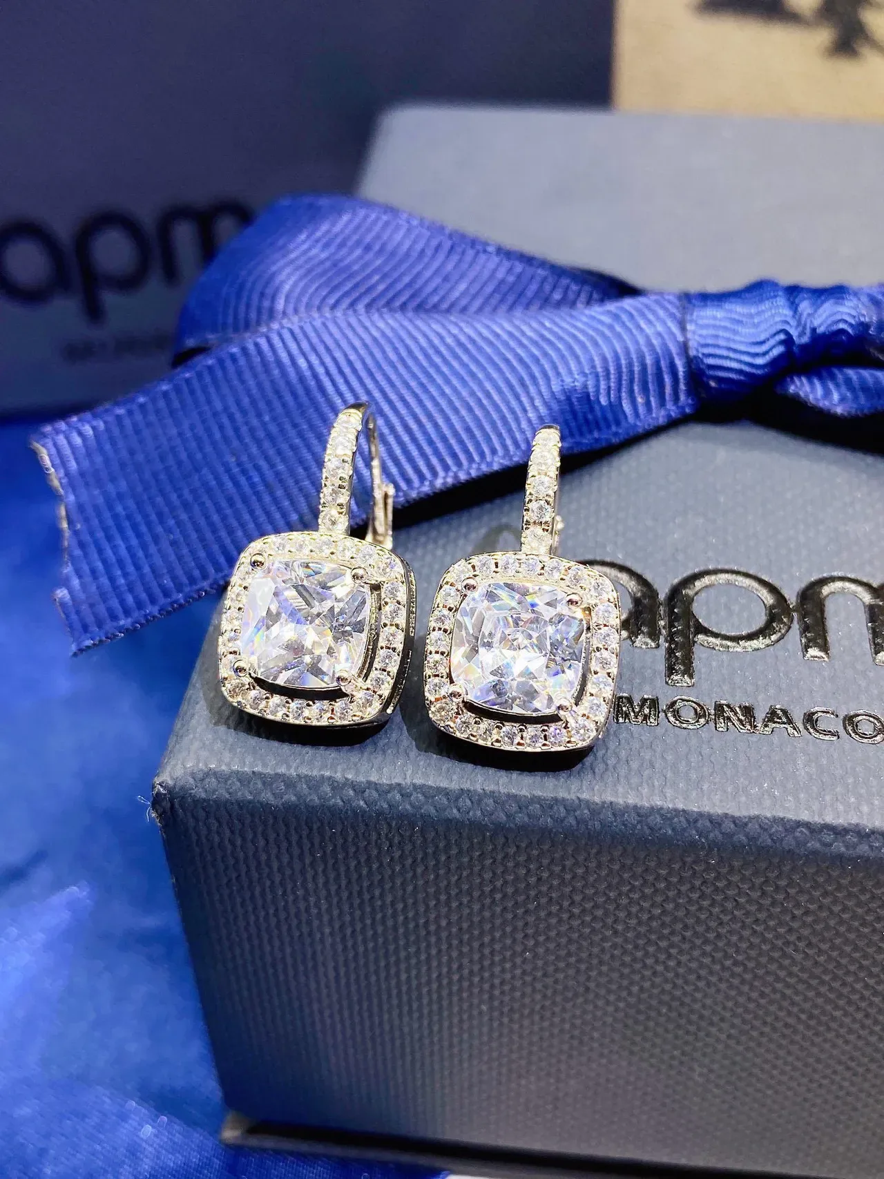 Monaco Blue Green Cushion-Cut Central Stone Pave Halo Setting Earrings 6