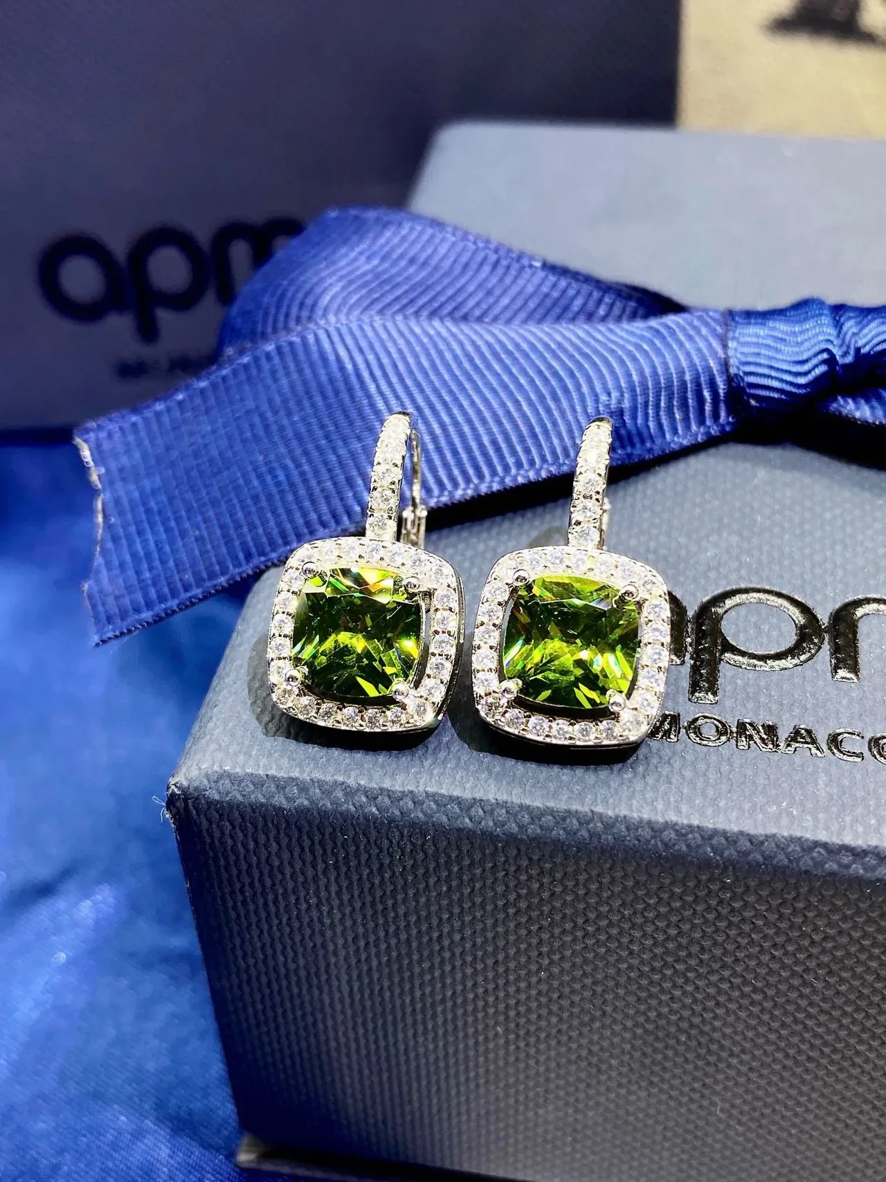 Monaco Blue Green Cushion-Cut Central Stone Pave Halo Setting Earrings 7