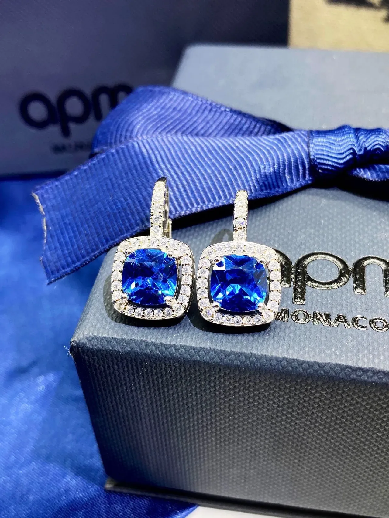 Monaco Blue Green Cushion-Cut Central Stone Pave Halo Setting Earrings 8