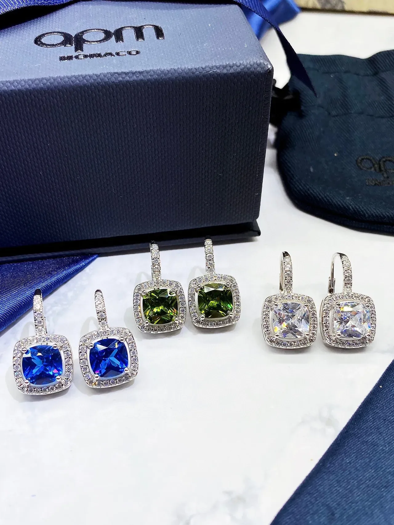 Monaco Blue Green Cushion-Cut Central Stone Pave Halo Setting Earrings 9