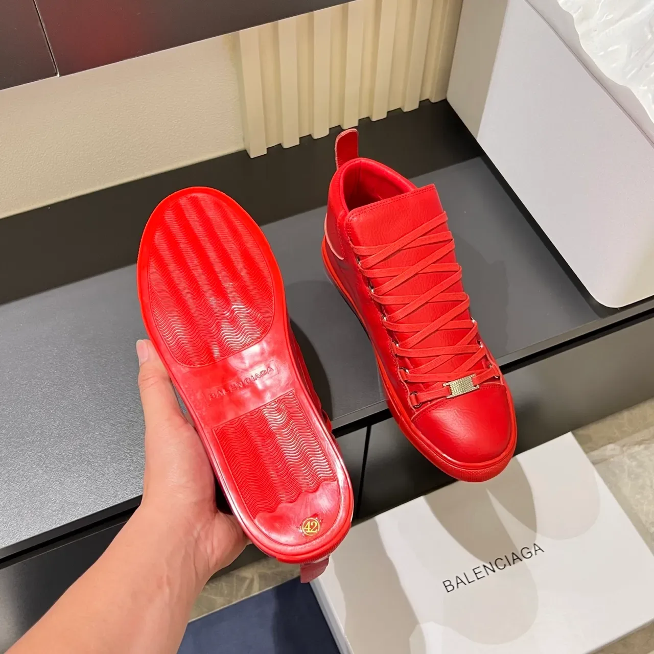 Monochromatic Red High-Top Leather Sneaker 3