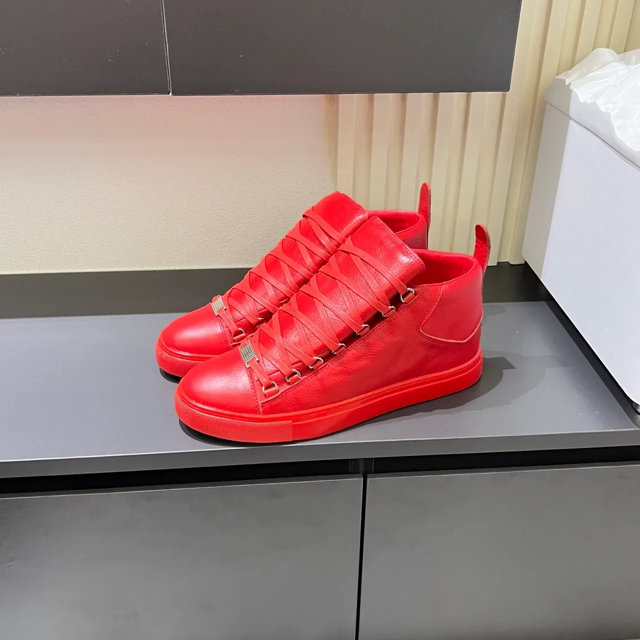 Monochromatic Red High-Top Leather Sneaker 4