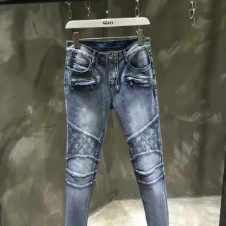 Moto-Style Quilted Knee Panel Blue Denim Jeans