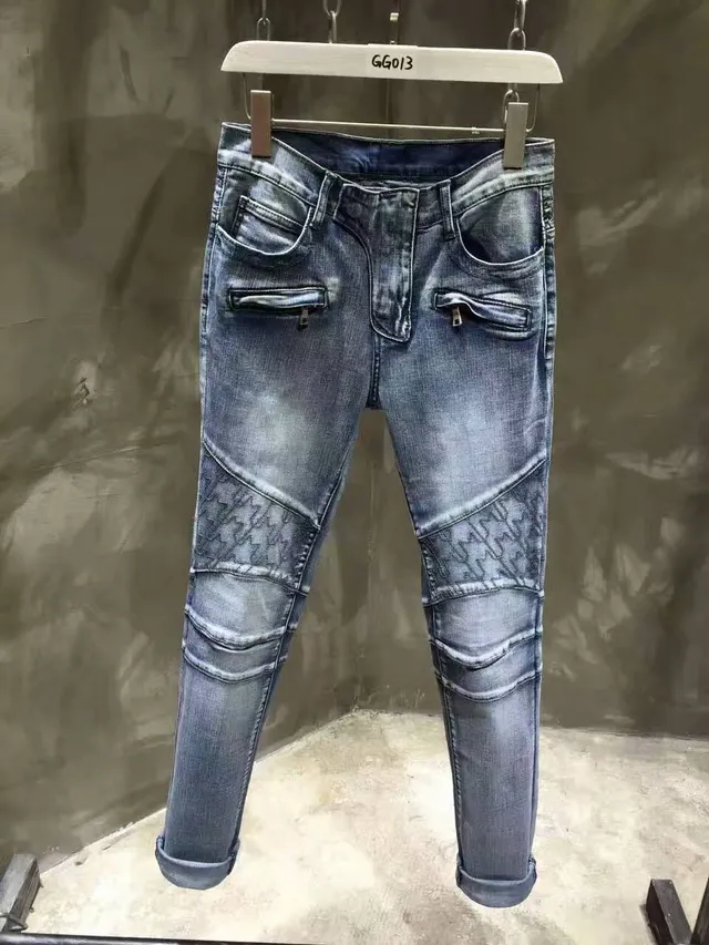 Moto-Style কুইল্টেড হাঁটু প্যানেল নীল ডেনিম জিন্স 2