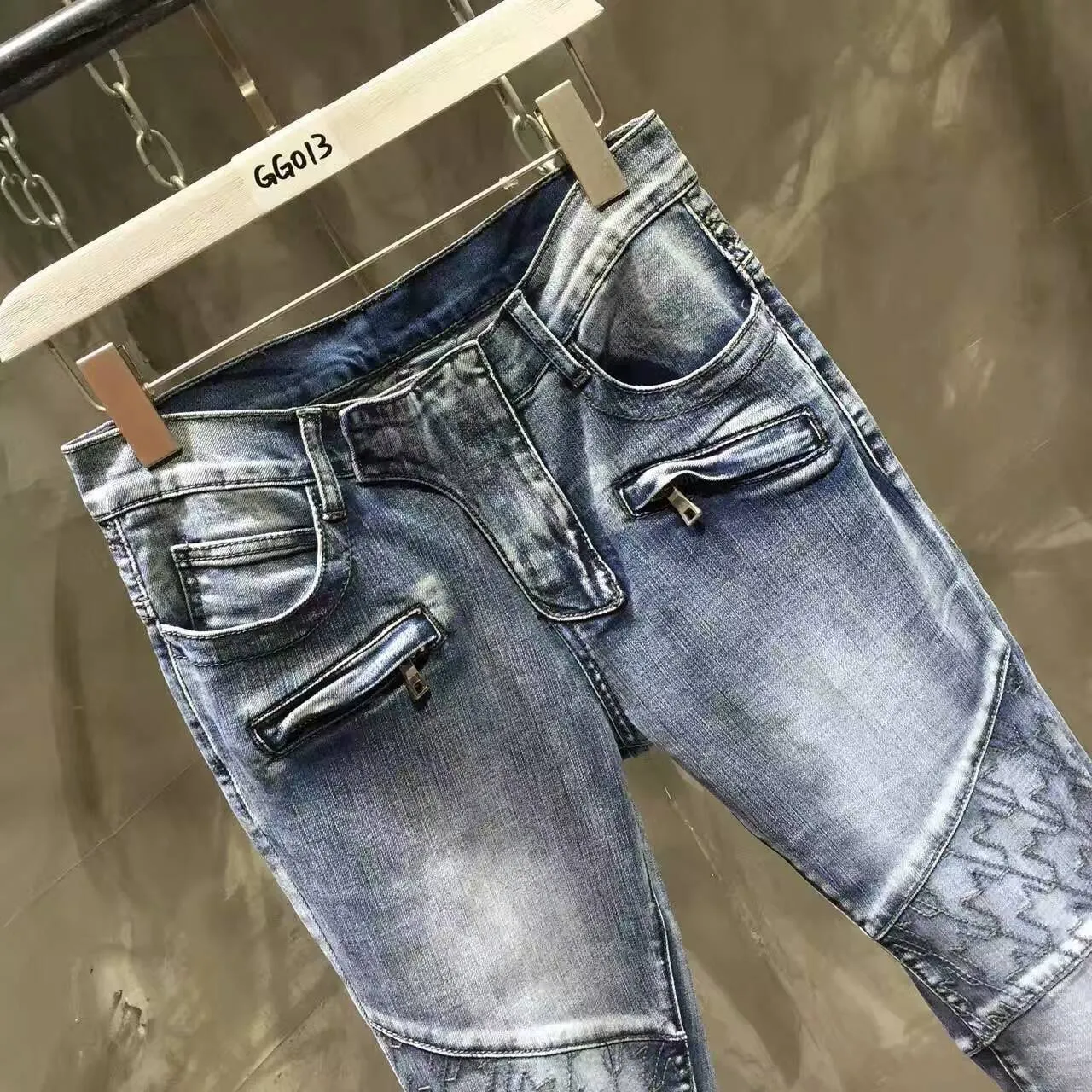 Moto-Style কুইল্টেড হাঁটু প্যানেল নীল ডেনিম জিন্স 3