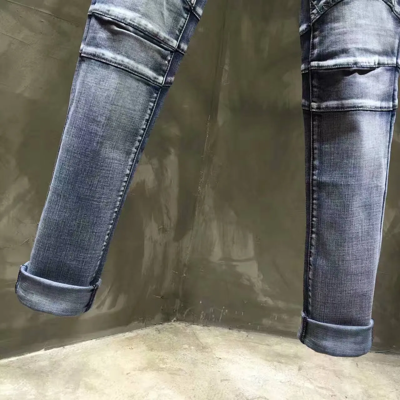 Moto-Style কুইল্টেড হাঁটু প্যানেল নীল ডেনিম জিন্স 6