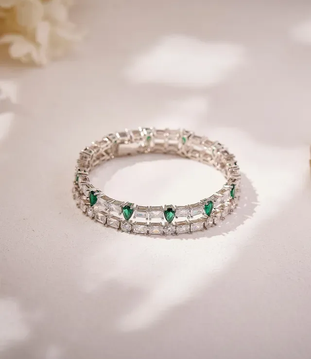 Multi-Row Baguette-Cut Stone and Ruby Accent Rigid Bracelet 7