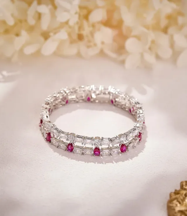 Multi-Row Baguette-Cut Stone and Ruby Accent Rigid Bracelet 8