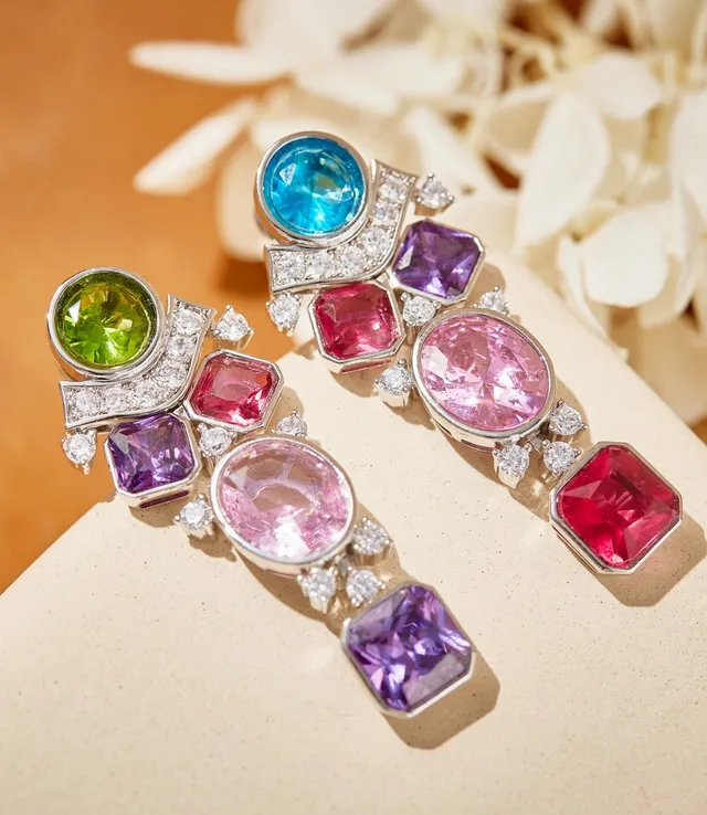 Multicolor Gemstone and Diamond Cluster Earrings 5