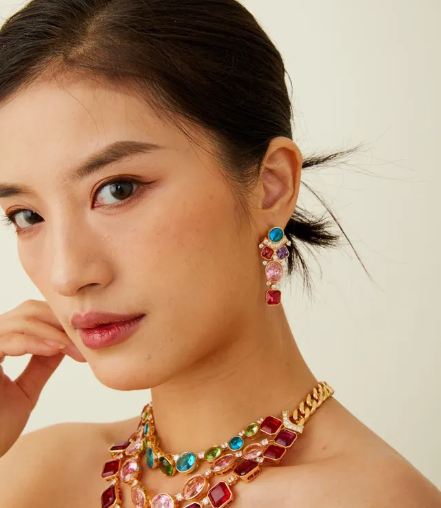 Multicolor Gemstone and Diamond Cluster Earrings 6
