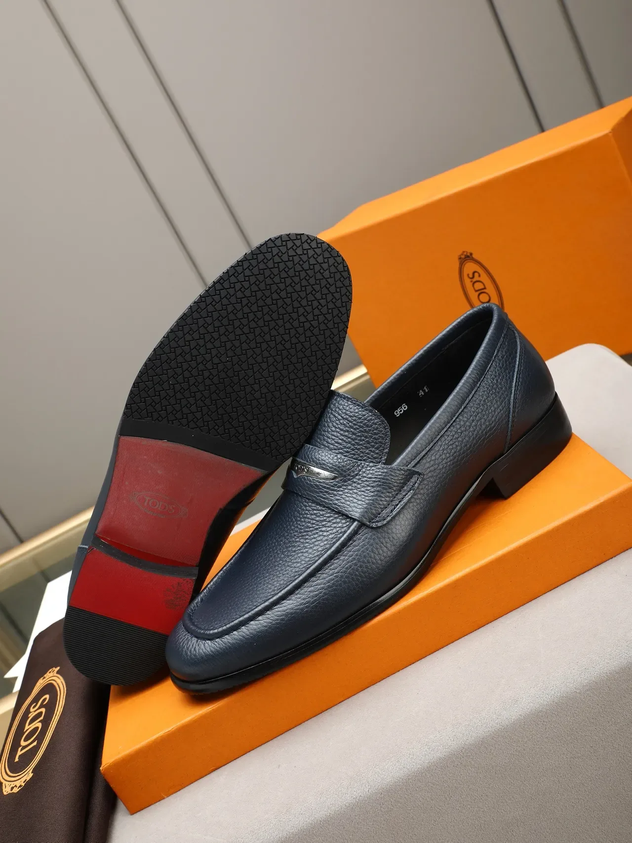Navy Black Pebbled Leather Penny Strap Loafer 4