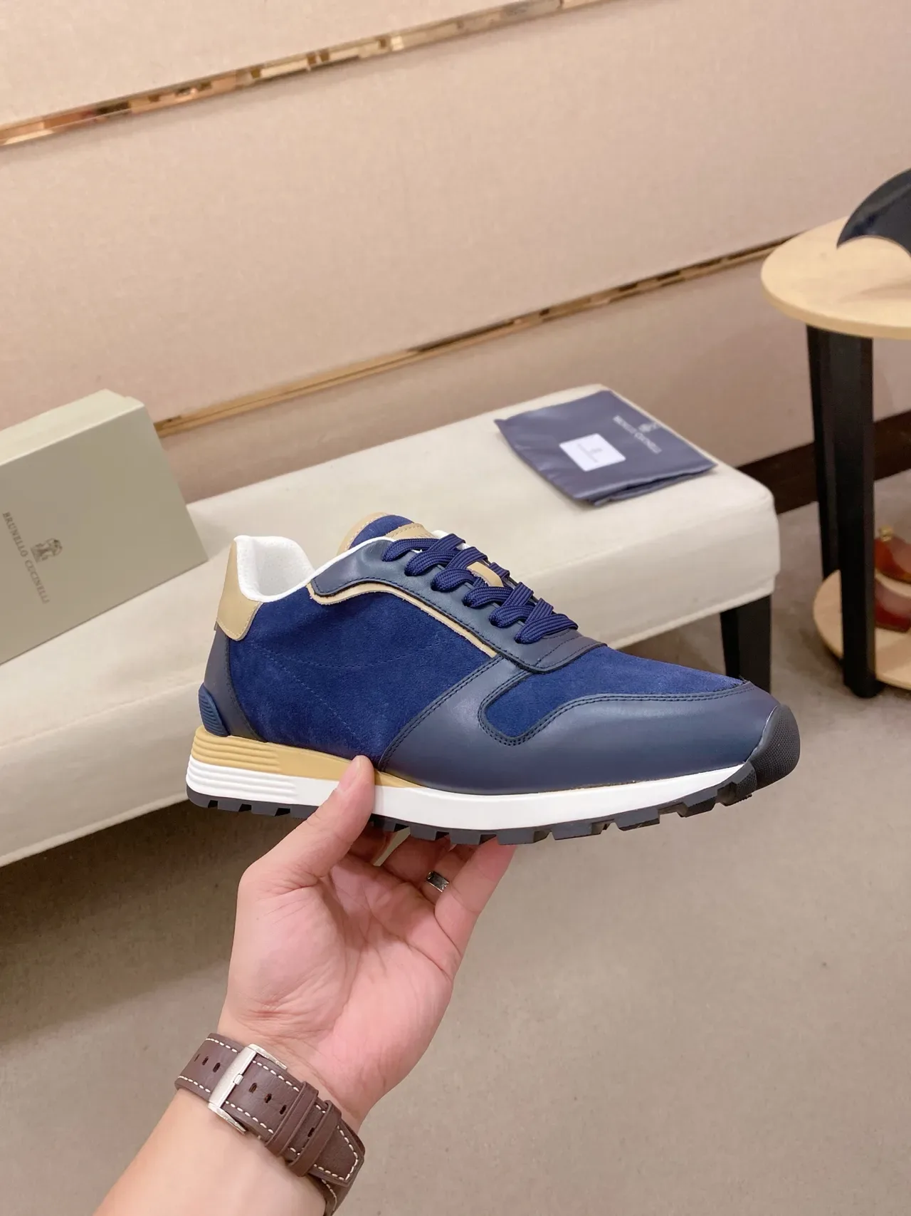 Navy Blue and Beige Mixed-Material Low-Top Lifestyle Sneaker 4