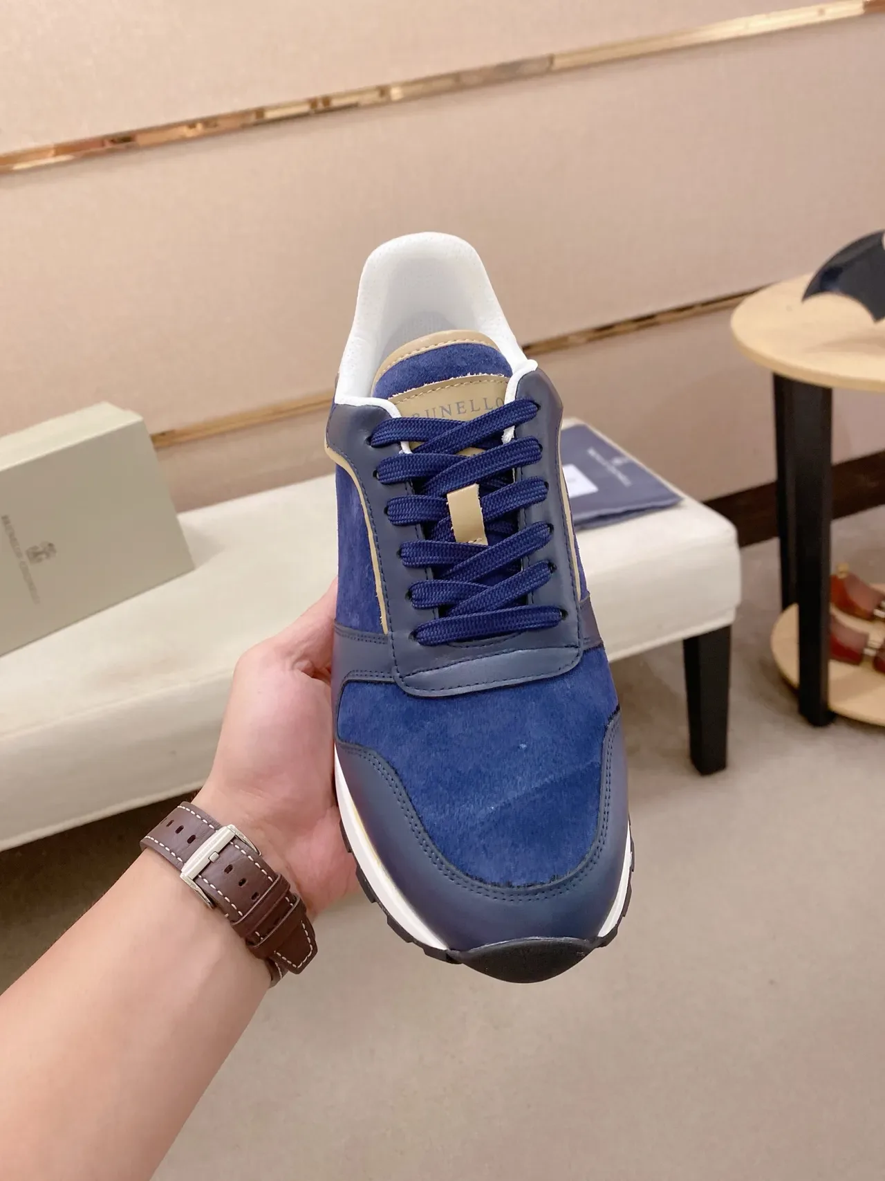Navy Blue and Beige Mixed-Material Low-Top Lifestyle Sneaker 5