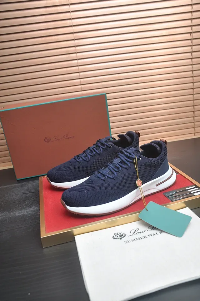 Navy Brown Knit Upper White Midsole Sneakers 4