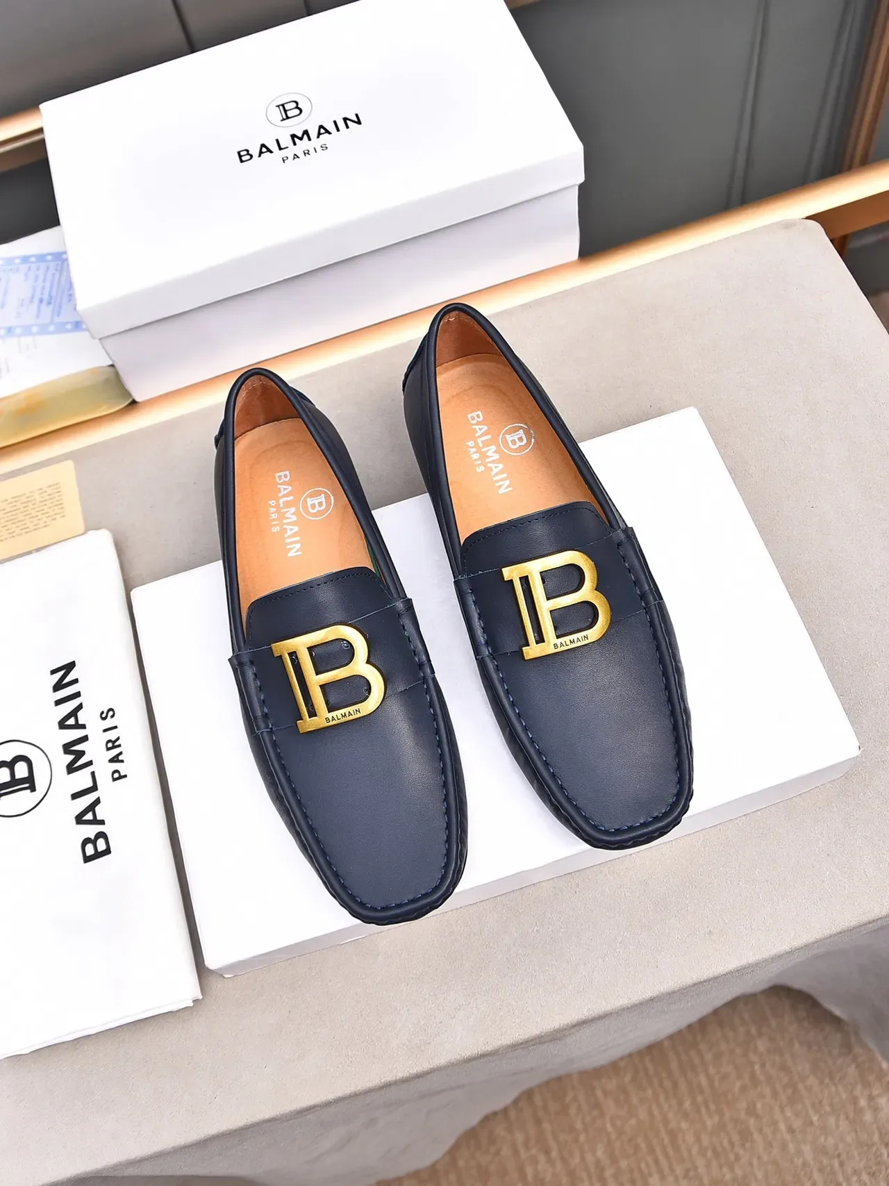 Navy Gold Leather Buckle Accent Loafer 2