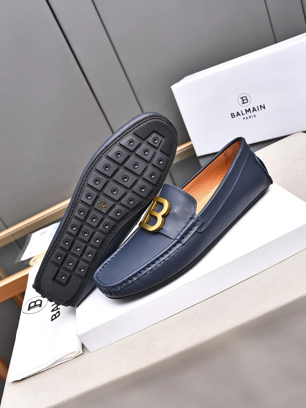 Navy Gold Leather Buckle Accent Loafer 4