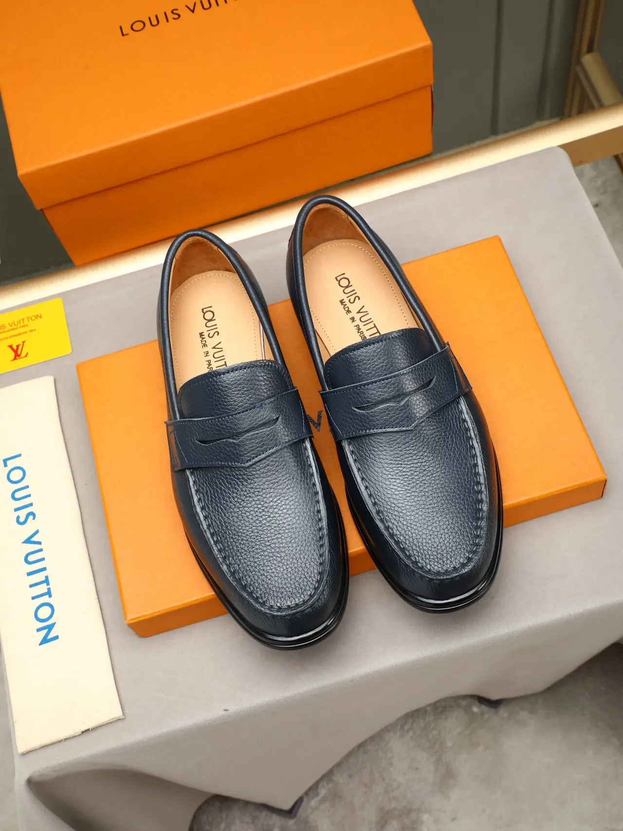 Navy Peppled Leather Penny Strap Loafer 3