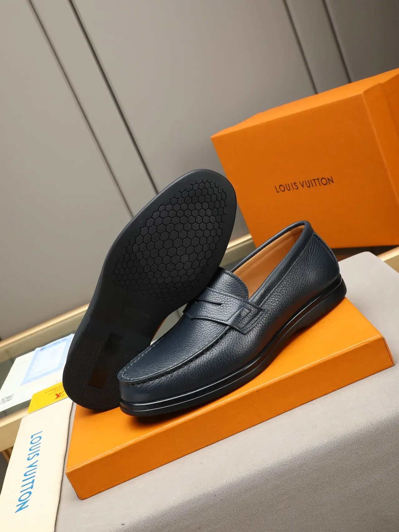 Navy Peppled Leather Penny Strap Loafer 5
