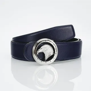 Navy Silver Pebbled Eagle-Head Buckle Leather Belt