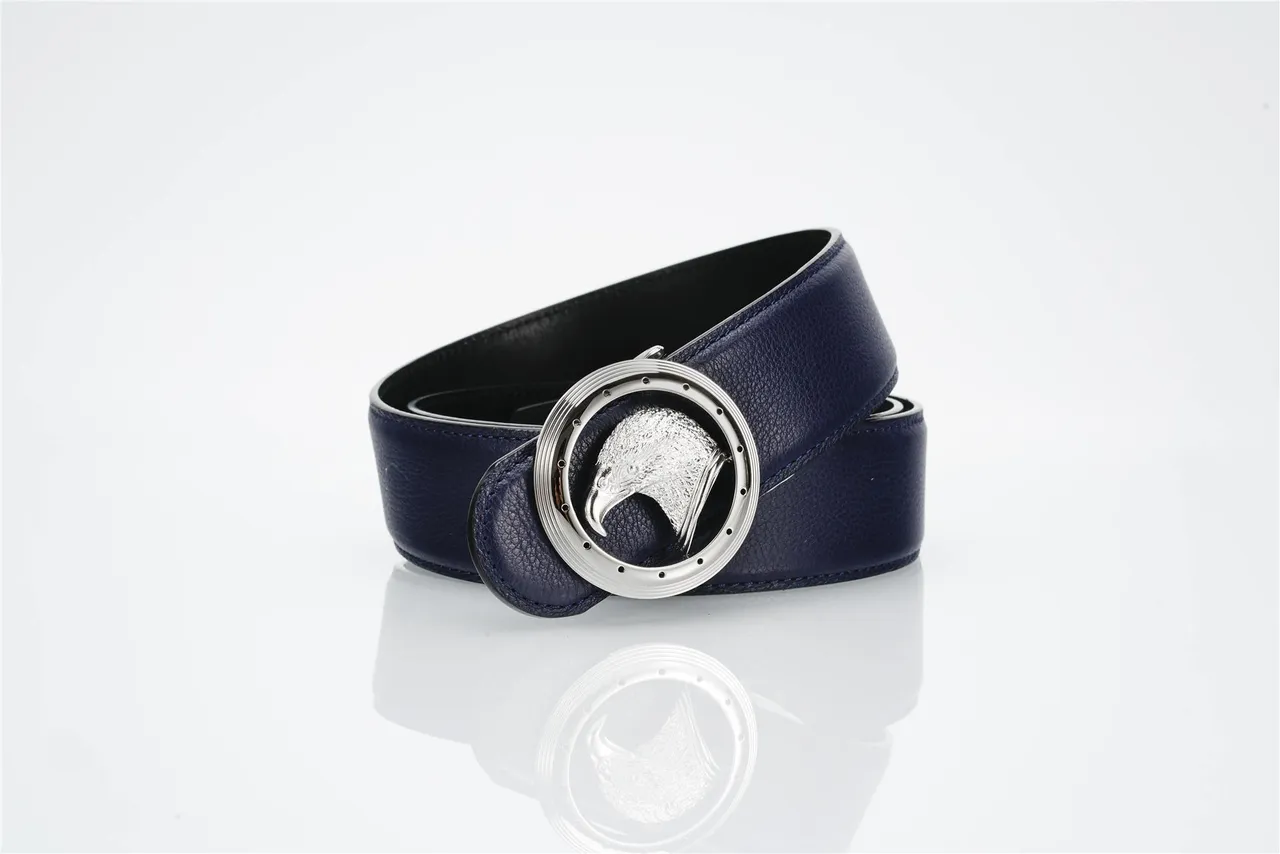 Navy Silver Pebbled Eagle-Head Buckle Leather Belt 4