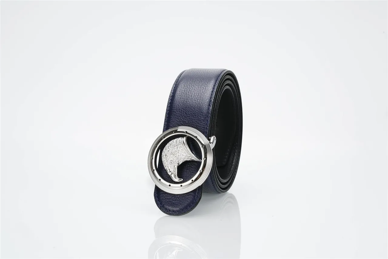 Navy Silver Pebbled Eagle-Head Buckle Leather Belt 7