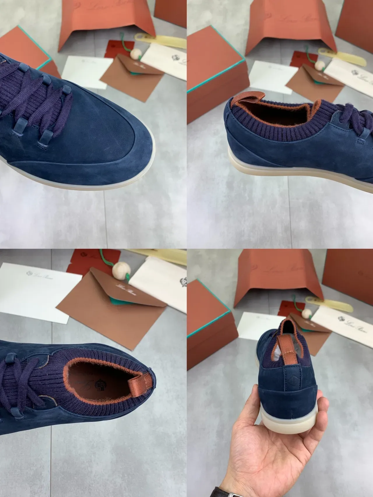 Navy Suede Knit-Collar Lace-Up Sneakers 2
