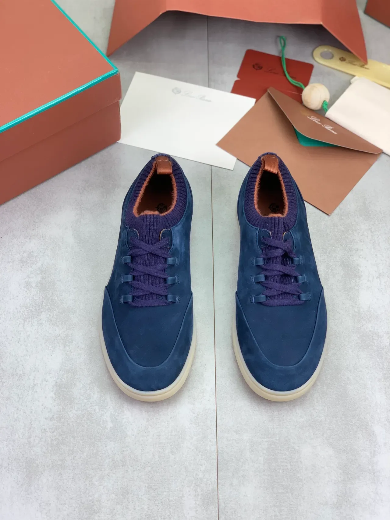 Navy Suede Knit-Collar Lace-Up Sneakers 4