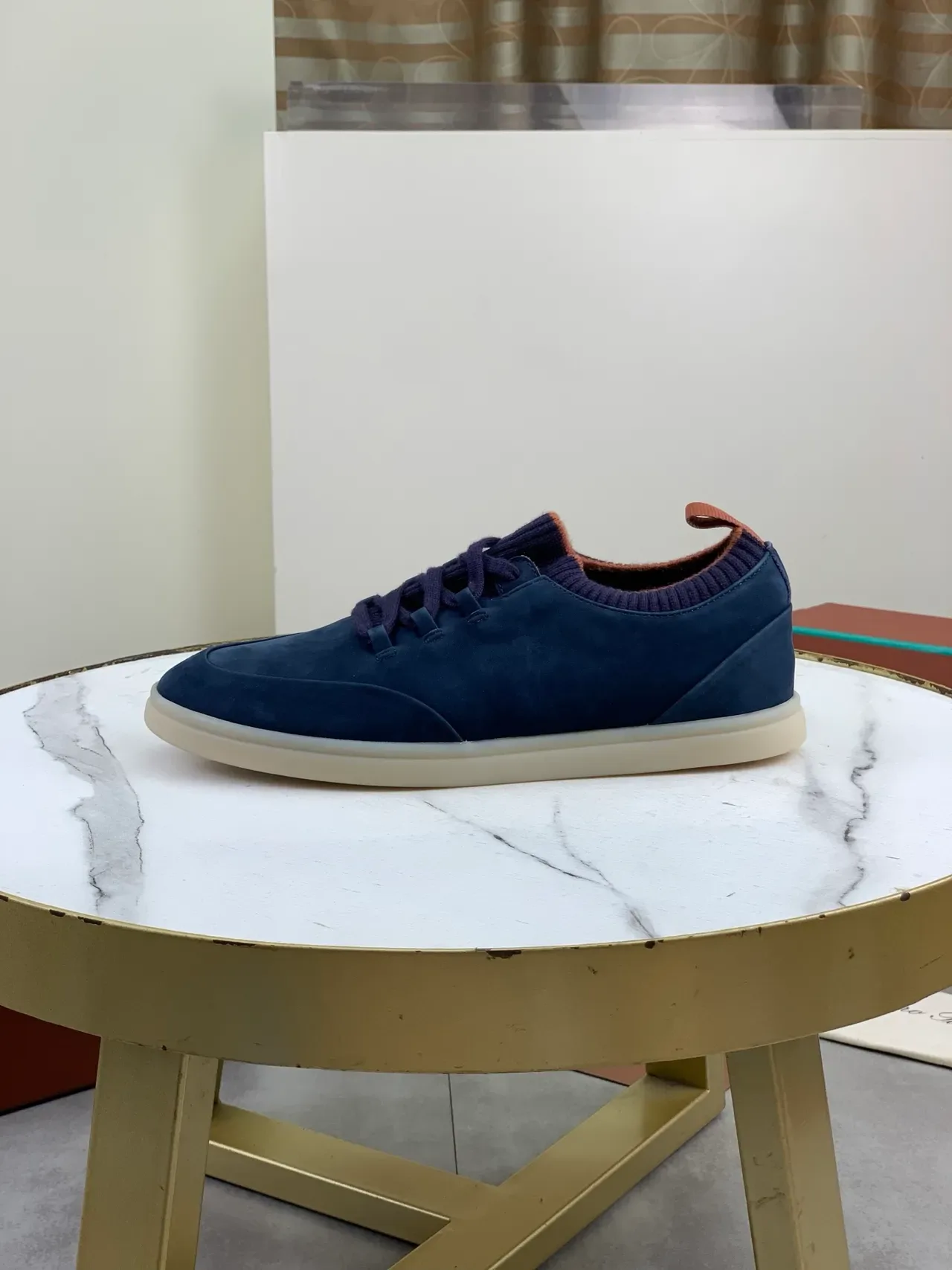 Navy Suede Knit-Collar Lace-Up Sneakers 5