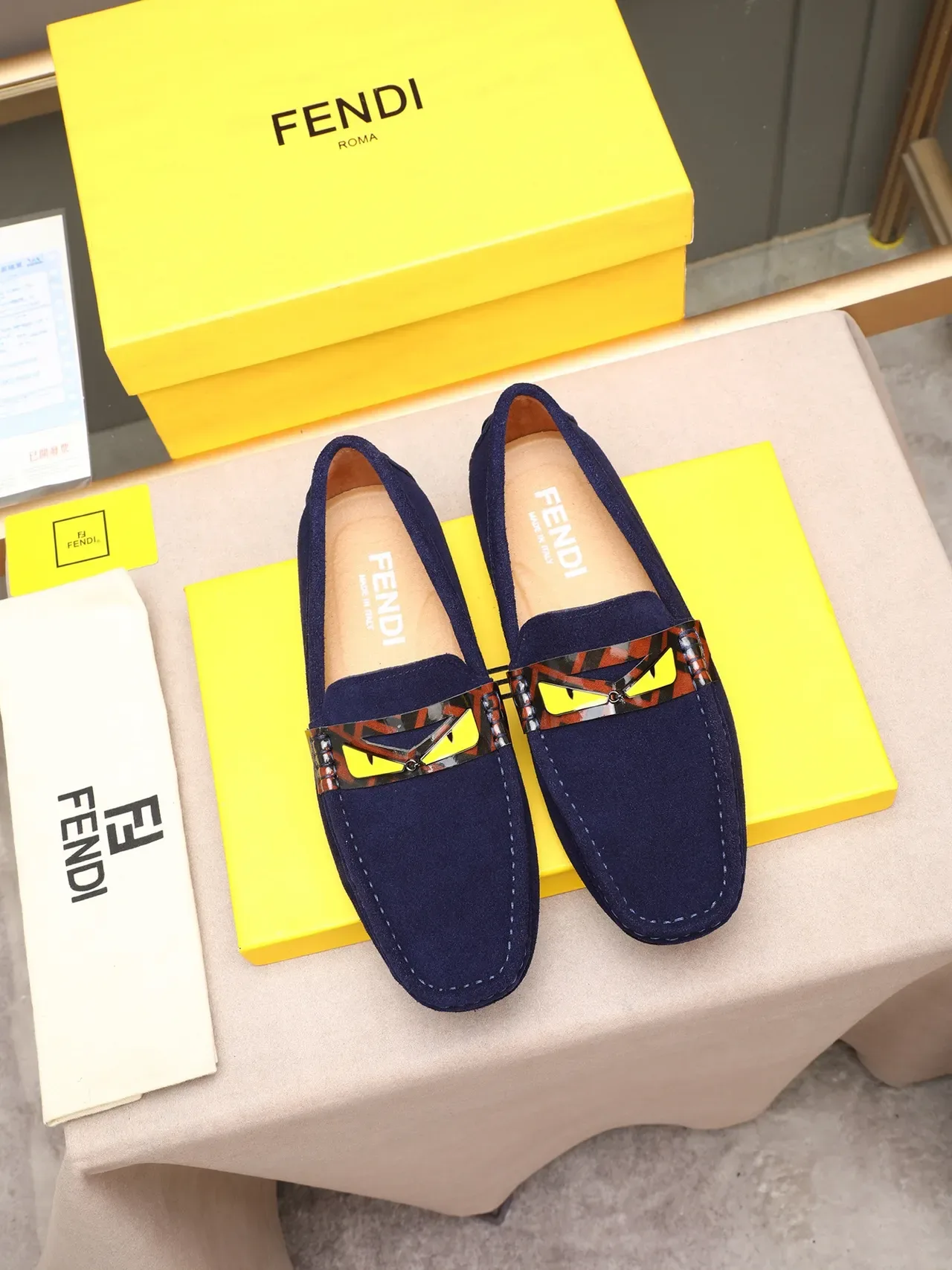 Navy Yellow Suede Metallic Buckle Accent Loafer 2