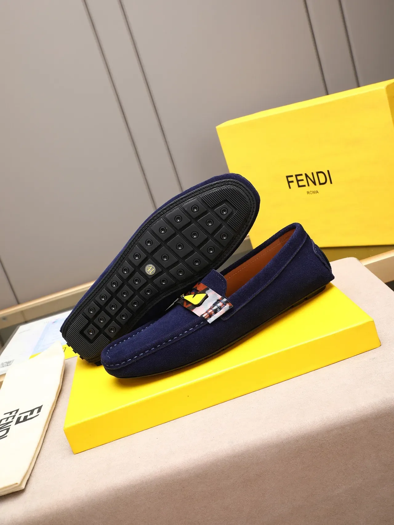 Navy Yellow Suede Metallic Buckle Accent Loafer 4
