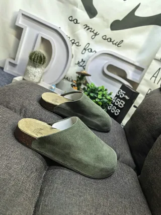 Olive Green Suede Cork Sole Slipper 9