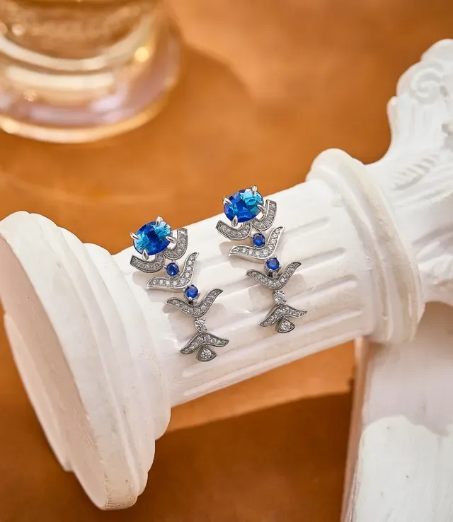 Ornate Blue Gemstone and Pavé Drop Earrings 2