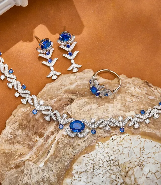 Ornate Blue Gemstone and Pavé Drop Earrings 3
